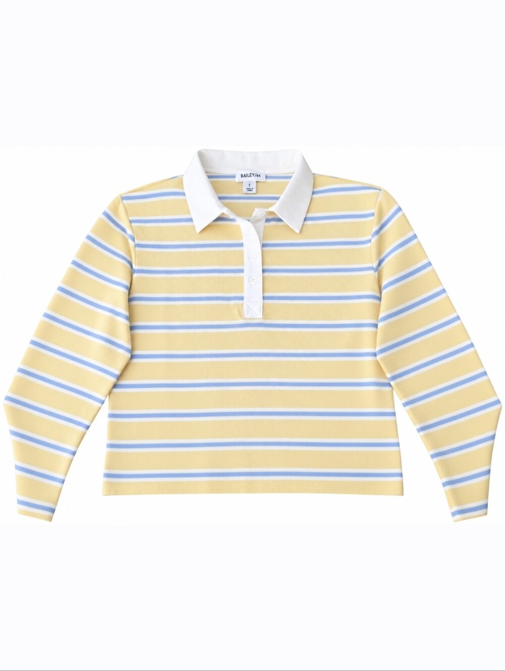 Bailey 44 Long-Sleeve Cropped Butter Yellow & Pale Blue Striped Rugby Polo, Sz M